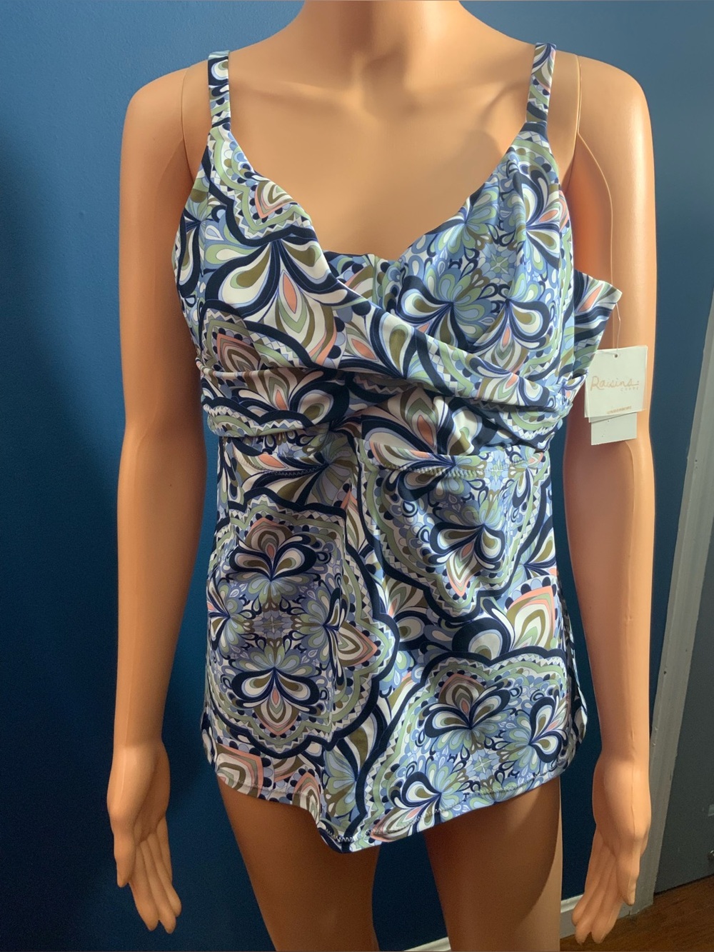 Raisins Blue Multi-Pattern Tankini Swim Top
